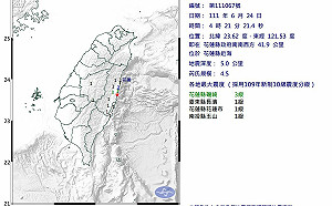 花蓮近海地震規模4.5 最大震度花蓮縣3級