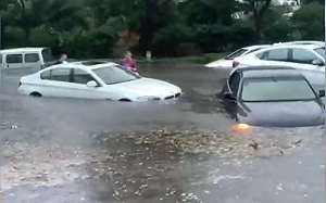 山東暴雨成災 青島街道淹到半人高 多輛汽車被水沖到路中央