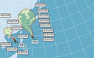 雙颱隱然成形夾心台灣 南部 東南部提防局部大雨