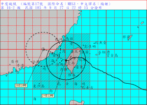 梅姬颱風中心  21時10分從雲林麥寮出海