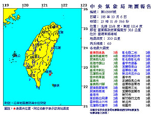 台東外海芮氏規模6.0地震 綠島震度5級