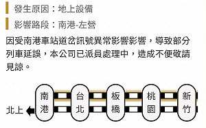 快訊》高鐵南港車站道岔訊號異常 南港-左營部分列車延誤