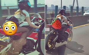 窄裙掀起看光！黑絲妹騎重機網讚翻
