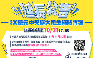 300億擴大租金補貼專案 持續辦理至10月31日止
