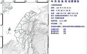 6:58花蓮發生規模3.6地震 最大震度花東2級