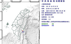 台東縣東河鄉極淺層地震 芮氏規模3.3最大震度3級