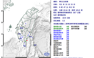 09:47台東近海發生規模5.3地震!最大震度4級