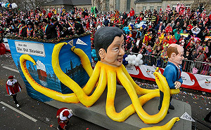 蕭茲被「習章魚」抓住了！科隆遊行 這花車諷刺德國斬不斷中國髒八爪