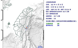 快訊》8時56分台東地震規模3.8 最大震度花蓮3級