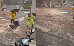 (影)春雨灌台中！弘光科大變「滑水道」 女學生過馬路當場被沖走