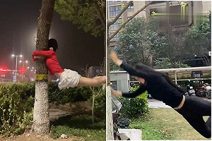 【41J肉聲】中國遇極端天氣！正妹瘋玩「抱大樹幹」飛起來 有人慘變「石頭撞奶」