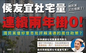 蔡政府社宅僅達標16% 賴辦怒斥：侯市府這兩年新辦掛零