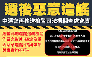 選後網路再傳作票 中選會提告送檢調「絕不姑息」
