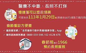 慢性處方箋已開放民眾提前自113年1月29日起領取下個月用藥