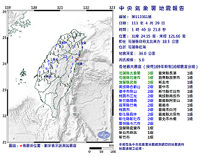深夜又震!花蓮近海凌晨「規模5地震」最大震度3級 全台16縣市有感