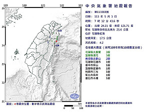 快訊/清晨7點多連兩震! 花蓮近海規模4.2  最大震度3級