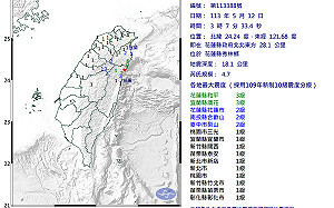 花蓮秀林鄉清晨連2起地震｢9縣市有感！｣規模4.7、4.0 最大震度4級