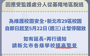 因應基隆犯嫌脫逃至雙北 新北29區校園即日起暫停開放至5/22