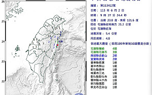 2分鐘連兩震!花蓮近海極淺層地震規模4.8 最大震度花蓮4級