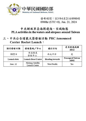中共發射運載衛星火箭  國防部:飛經台灣南部無危害