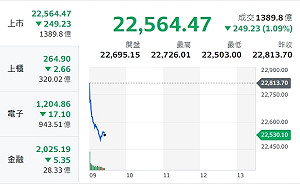 美科技股疲軟 台股早盤走跌逾200點 防技術回檔