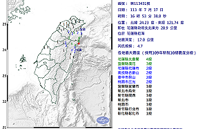 快訊》16:53發生4.7規模有感地震！氣象署：最大震度達4級