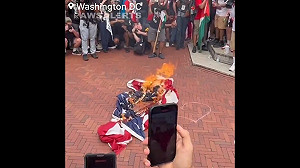 (影) 抗議納坦雅胡訪美! 挺巴人士在飯店放蛆、焚燒美國旗 強生重升旗「糾正」