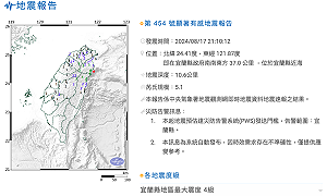快訊》震不停!宜蘭21:10規模5.1地震 宜花最大震度4級