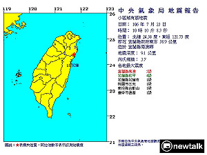 快訊》10:10宜蘭發生有感地震 最大震度5級
