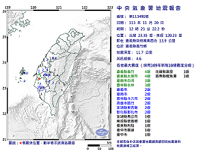 西半部震不停!嘉義12:23發生4.6規模地震 最大震度達四級