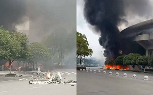 湖北荊州無人機墜毀  疑先撞吊車再撞體育館 