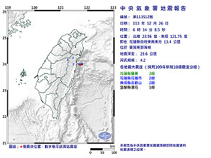 耶誕夜連兩震!東部海域今晨6:14又發生規模4.2地震 最大震度3級