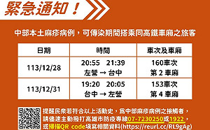 追中部本土麻疹病例可能被感染者  高市衛生局籲高鐵同車廂旅客速聯繫  