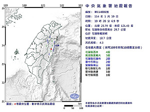 地牛翻身!10:28花蓮規模4.3地震 最大震度花蓮4級
