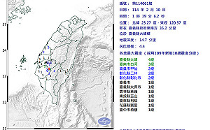 嘉義縣大埔鄉地震規模4.4 最大震度4級