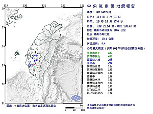 快訊》南部又震!台南規模4.4有感地震 市區最大震度達4級