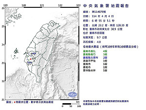 快訊》清晨6:55規模4地震 震央台南官田 最大震度4級