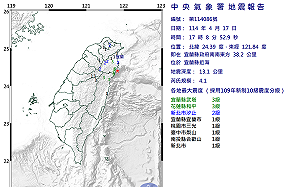 快訊》宜蘭17:08又地震！規模4.1  最大震度3級