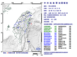 快訊》全台有感！花蓮18時9分規模5.5地震　鹽寮最大震度達4級