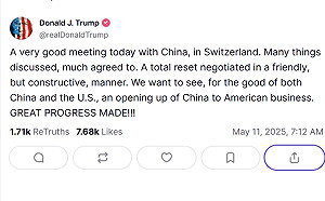 美中貿易磋商首日會議結束 川普高調發文「取得重大進展」