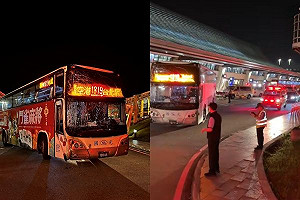 國光客運巴士桃機第一航廈自撞車頭凹! 駕駛及30名國內外乘客送醫