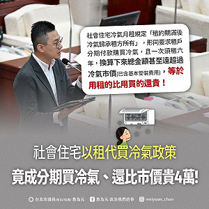 玩文字遊戲？議員批：北市社宅「以租代買」冷氣政策 比市價貴近4萬