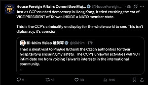 中方在捷克尾隨蕭美琴險釀車禍 美眾議院譴責「犯罪行為」