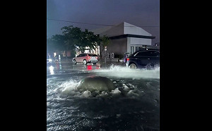 (影)台中路面淹水「噴出泥泉」水溝蓋隆起害20車爆胎、保險桿撞壞