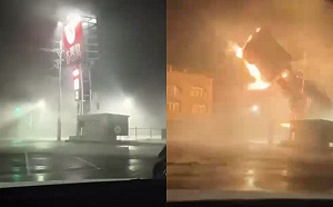 丹娜絲夜襲南台灣！台南大潤發招牌「腰斬斷裂」瞬間爆炸火光四濺