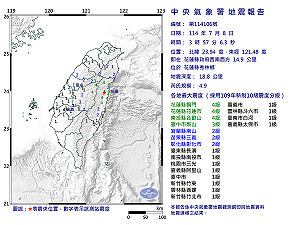 快訊》03:57花蓮縣秀林鄉發生規模4.9有感地震 最大震度花蓮縣銅門、花蓮縣花蓮市、南投縣合歡山4級