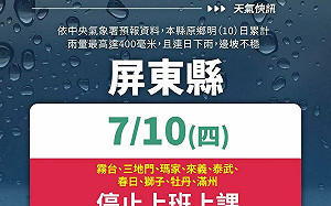 屏東縣政府宣布「9鄉明日停班停課」 部分交通路段今晚預警性封閉