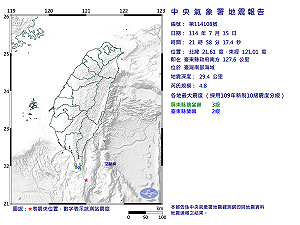 快訊》21:58臺灣南部海域發生規模4.8有感地震 最大震度屏東縣鵝鑾鼻3級