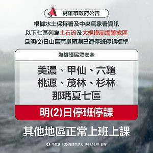 豪大雨不斷！嘉義縣6鄉、高雄市7區、屏東縣8鄉 2日停班停課