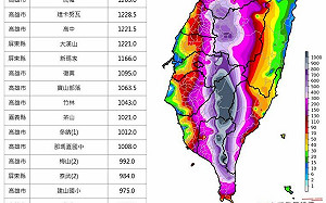 南部山區3天累積雨量破千毫米 16個測站「紫到發黑」